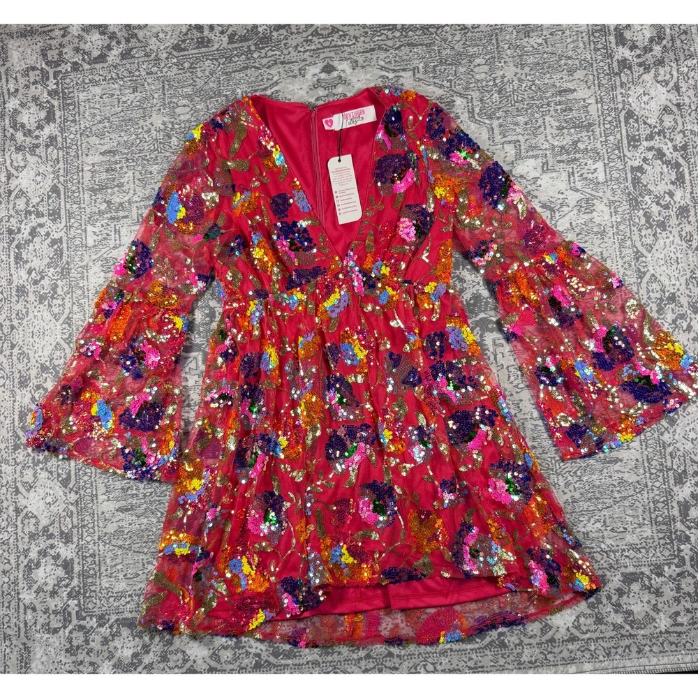 Southern Fried Chics Sequin Floral Bell Sleeve V-Neck Mini Dress Pink M L341